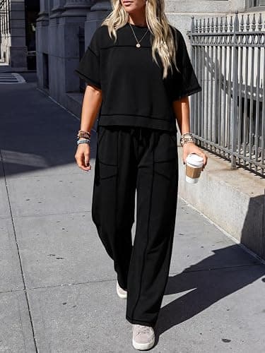 Fisoew Womens 2 Piece Outfits Lounge Sets Short Sleeve Tops and Wide Leg Pants Travel Vacation Casual Matching Sets thumbnail 2