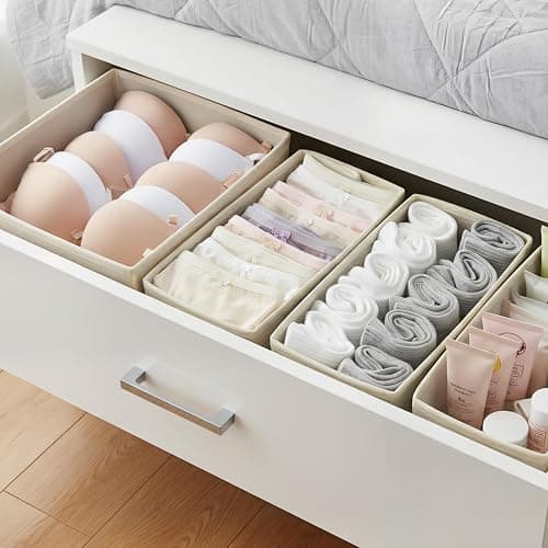 ALFSPEJO Drawer Organizer Set 6 Pack - Foldable Fabric Storage Bins with Zipper Bottom for Underwear Socks Bras Baby Clothes - Closet Dresser Organizers Dividers for Bedroom Nursery, Beige thumbnail 6