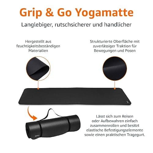 Amazon Basics Yogamatte, rutschfest, extra dick, Pilates-Gymnastikmatte, 183 x 61 x 1 cm, Schwarz thumbnail 3