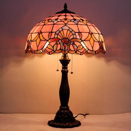 WERFACTORY Tiffany Lamp Pink Stained Glass Baroque Bedside Table Lamp Style Desk Light 16X16X24 Inches Decor Bedroom Living Room Home Office S003P Series thumbnail 7