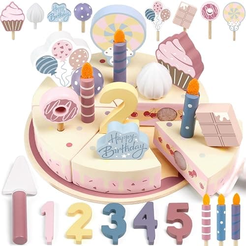 Wooden Birthday Party Cake Play Food Sets for Toddler 2 3 4 5 Year Old Girls Boys Kids Kitchen Accessories Pretend Play Toy Gift Educational Toys - Image 1