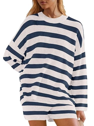Panadila Womens Striped Sweater Set Oversized Lounge Sets Matching Pajamas Long Sleeve Sweater Top and Shorts thumbnail 2
