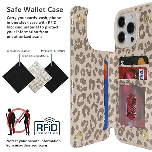 iCoverCase Compatible with iPhone 16 Pro Wallet Phone Case with Card Holder for Women Men, [RFID Blocking] Card Slots PU Leather Protective Wallet Case 6.3 Inch (Beige Leopard) thumbnail 4
