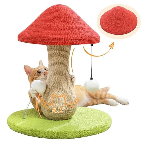 PETEPELA Mushroom Cat Scratching Post, Cat Scratcher Cute with 100% Sisal Covered Scratching Post & Pompoms Toy, Mushroom Cat Post for Indoor Cats - Image 1