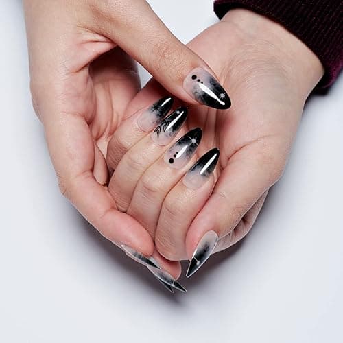 GLAMERMAID Press on Nails Medium Almond, Gothic Black Ombre French Tip Gel Glue on Nail, Glossy Short Stiletto Reusable UV Finish Fake Nails Acrylic False Nails Manicure Kits for Women thumbnail 3