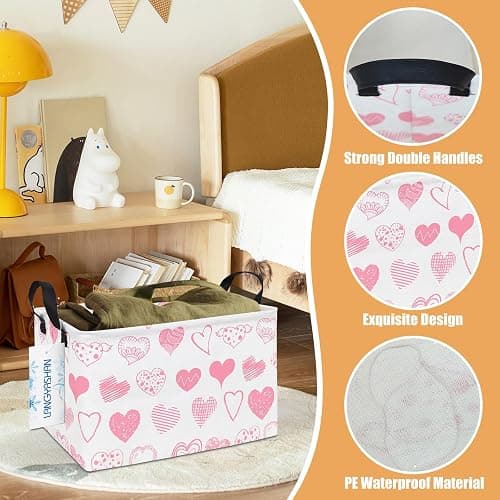 LANGYASHAN Rectangular Storage Bin Collapse Canvas Fabric Cartoon Storage Basket with Handles for Organizing Home Kitchen Boys and Girls Toys Office Closet Shelf Baskets (Rec Angel Heart) thumbnail 4