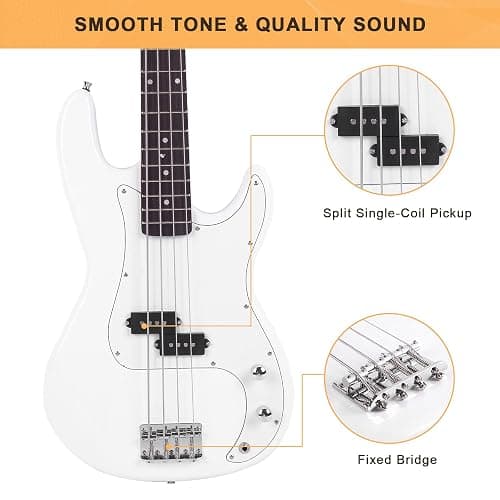 GLARRY Full Size Electric Bass Guitar Beginner Kit 4 String Exquisite Basswood Bass with 20W AMP, Cable, Strap, Bag and Accessories (White, 39"Right Handed) thumbnail 5