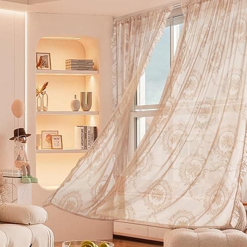 102 Inches Length Beige Lace Curtains for Bedroom 2 Panels Set Vintage Boho Curtains Sheer Floral Embroidery Ruffled Window Treatment thumbnail 9