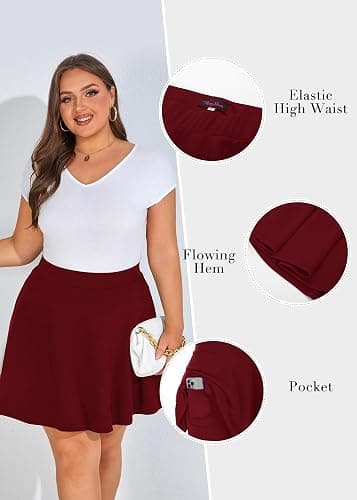 Hanna Nikole Women Plus Size Skater Skirt High Waist Flared Skorts | Elastic Lining with Pocket, Mini Casual Flowy Basic Pleated Skirts for Summer Concert Travel thumbnail 5