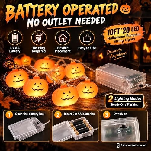 Besitek Halloween Pumpkin String Lights, 20 LED,10FT, Battery Operated | Festive pumpkin string lights create a fun Halloween atmosphere for indoor and outdoor seasonal decorating. thumbnail 4