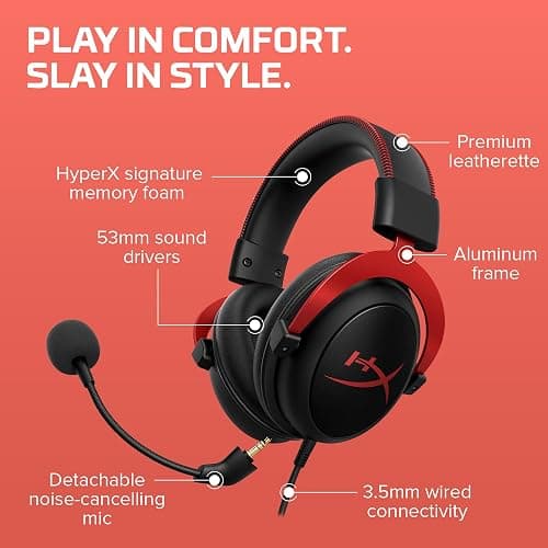 HyperX Cloud II - Gaming Headset, 7.1 Surround Sound, Memory Foam Ear Pads, Durable Aluminum Frame, Detachable Microphone, Works with PC, PS5, PS4, Xbox Series X|S, Xbox One – Red thumbnail 7