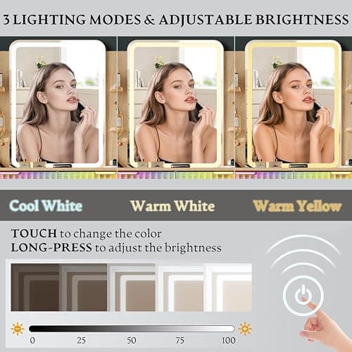 Vanity Desk with LED Lights Mirror & Power Outlet, Small Makeup Vanity Table Set with Storage Drawers & Chair, 3 Lighting Modes & Adjustable Brightness, Dressing Table for Women Girls Bedroom, Oak thumbnail 5
