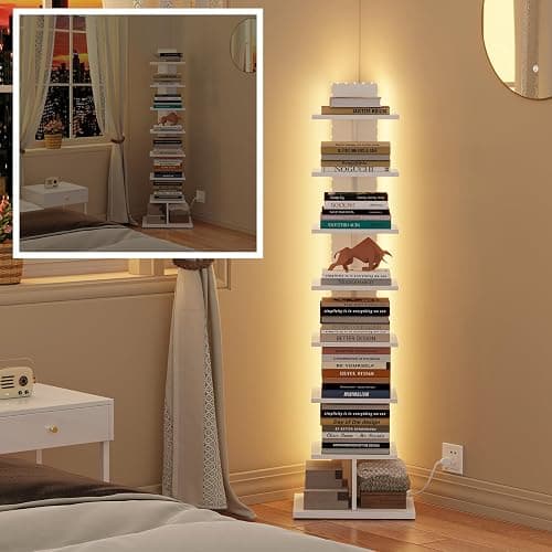 TUTOTAK Narrow Bookshelf, 8-Tier Bookcase with LED Lights, Spine Book Shelf for Small Space, Corner Standing Shelf for Living Room, Office, Study, Entryway, White BS06BW008L thumbnail 8