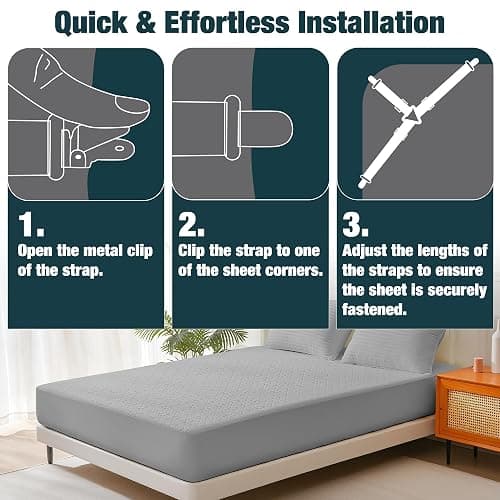 WHISPERING WONDER 4 Pack Adjustable Elastic Straps with Metal Clips, Bed Sheet Fasteners, Bedding Suspenders for Mattress Covers, Bed Corner Holders and Keepers (White) thumbnail 3
