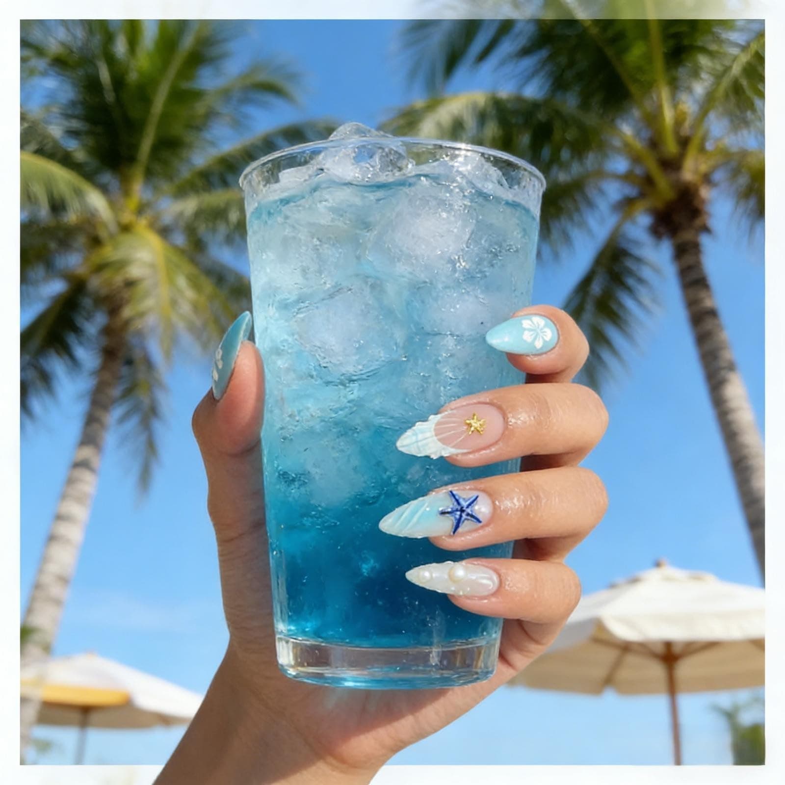 24pcs 3D Mermaid Press On Nails | Blue Ocean Starfish & Shell Design | Medium Almond False Nails 12 Sizes + Nail File + Jelly Glue | Fake Nails for Women Girls thumbnail 3