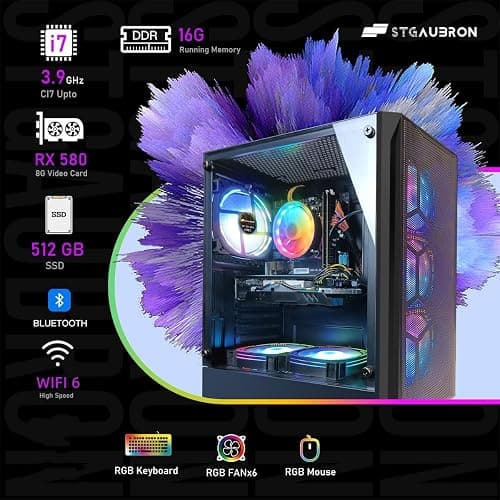 STGAubron Gaming PC Desktop Computer, Intel Core i7 up to 3.9GHz, Radeon RX 580 8G, 16G RAM, 512G SSD, WiFi 6, BT 5.0, RGB Fan x6, Windows 11 Home thumbnail 4