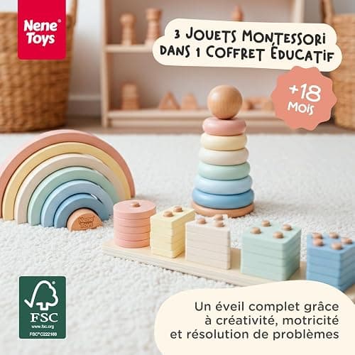 Nene Toys Jouet Montessori en Bois 3-en-1 pour Bébé 1 an – Arc-en-Ciel en Bois, Tour à Empiler & Jeu d’Encastrement – Jouet d’Éveil Enfant 1–3 Ans – Idée Cadeau Fille Garçon – Couleurs Pastel thumbnail 2