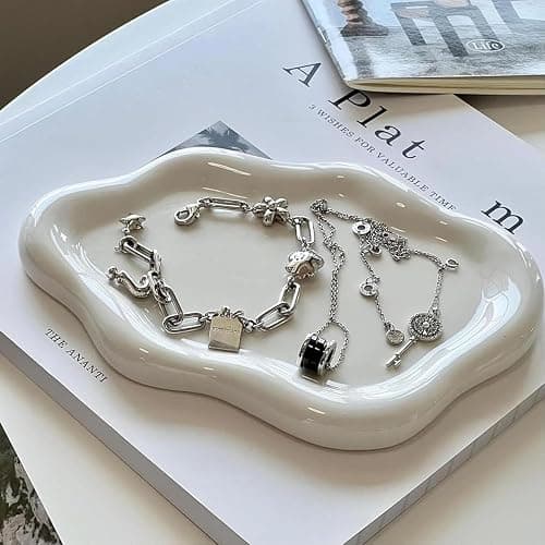 BESSKON Small Jewelry Dish for Women, Gifts for Mom, Ceramic Jewlery Tray Ring Holder, Vanity Ring Dish Cute Cloud Tray, Nightstand Decor Trinket Bowl for Earrings, Perfume, Keys, White Jewelry Plate thumbnail 3
