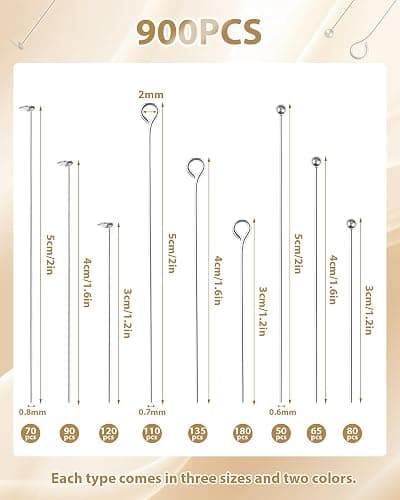 FIVEIZERO 900 PCS Eye Pins and Flat Head Pins for Jewelry Making, Metal Eyepins, Headpins & Ball Head Pins for DIY Earrings, Necklaces, Bracelets, Pendants, 1.2", 1.6", 2", Gold & Silver thumbnail 3