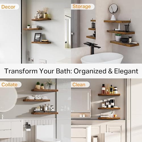 BAYKA Rustic Brown Bathroom Floating Shelves, 15.7in, 3Pk, Wall Mount Shelf | Easy Install, 22lbs Max Load, Hidden Bracket, for Living Room Bedroom Kitchen Display Storage Decor, Multi-Wall Compatible thumbnail 7