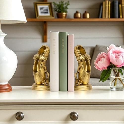 MXARLTR Bookends for Shelves, Ballet Slipper Decorative Bookends - Book Ends with Anti-Slip Pad for Book Lovers Dancers Heavy Book Holder for Home Office Decor (Gold) thumbnail 2