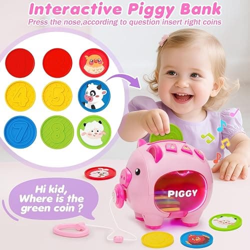Musical Piggy Bank for Kids, 1 Year Old Learning Toy with Coin Recognition | Recognizes Coin Numbers and Colors with Music and Quiz Play; Pull-along Design Supports Early Learning and Motor Skills. thumbnail 7