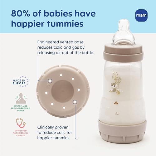 MAM 4.5oz Easy Start Anti-Colic+ Wide Neck Vented Baby Bottle, Extra Slow Flow Breastfeeding-Like Silicone Nipple, Reduces Colic, Gas & Reflux, Easy Clean, BPA Free, 0+ Months, Made in Europe, Boy thumbnail 2
