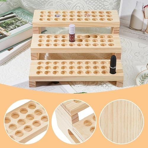 SUPERFINDINGS 1 Set 90 Slots Wooden Lipsticks Holder 3 Tier Tube Display Shelf Wood Tool Rack Wooden Essential Oil Display Storage Organizer for Cosmetic Lip Gloss Tool, Slot Diameter: 0.8" thumbnail 5