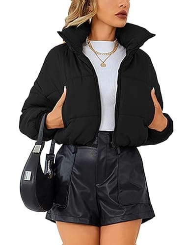 Lumister Womens Lightweight Quilted Jacket Long Sleeve Stand Collar Zipper Cropped Puffer Jacket Coat - Image 1