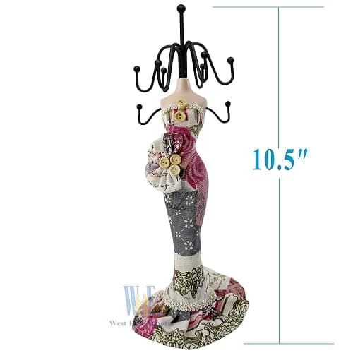 10.5" Mannequin Jewelry Stand, Tabletop Necklace & Bracelet Holder | Charming Dresser Decor: Blends an elegant floral mannequin form with functional metal hooks to elevate any vanity setup. thumbnail 3