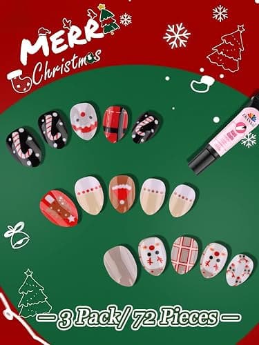 EBANKU Christmas Kid Press on Nails, 72Pcs Xmas Almond Fake Nails Kit Full Cover Christmas Theme Design False Nail with Nail Glue for Girl thumbnail 6