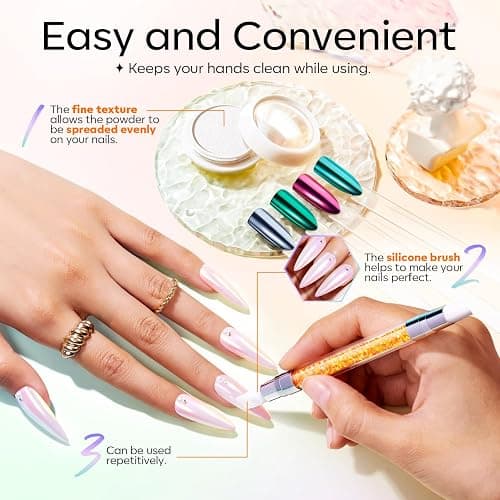 Modelones Chrome Nail Powder Set -4 Pearl Effect Pigment White Silver Chrome Powders for Gel Nails, with 1Pcs Silicone Nail Brushl, 4Pcs Cotton Swabs and 4Pcs Color Display Sticks thumbnail 9