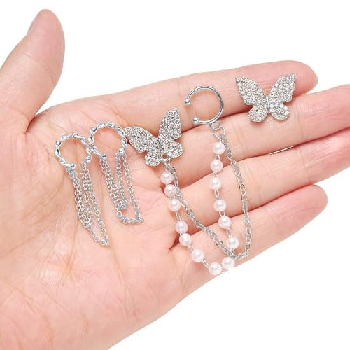 Tornito 6-12Pcs Cuff Earring Chain Leaf Snowflake Star Butterfly with CZ Crawler Climber Earring Studs Drop Dangling Chain Wrap Tassel Earring for Women Men 20G Silver Gold Tone thumbnail 6