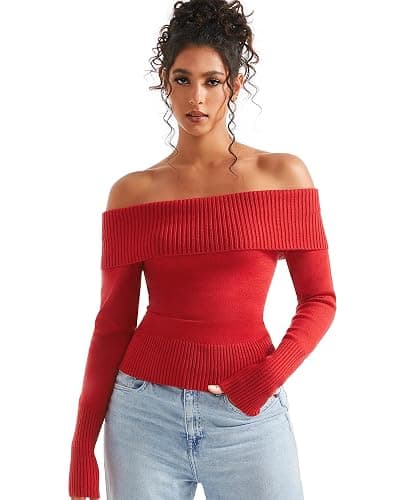 SUUKSESS Women Off Shoulder Sweaters Long Sleeve Ribbed Knit Going Out Fall Tops Blouse - Image 1