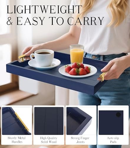 SXNOWS Coffee Table Tray - Large Ottoman Tray for Living Room - Wood Serving Tray with Handles(2 Sets) - Wooden Trays for Coffee Tables, 4 Round Coasters Included, Deep Blue thumbnail 5