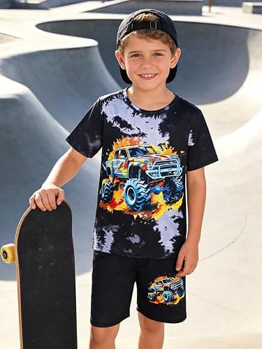 LPHGFZA Boys Clothes 2-Piece Summer Outfit 3D Car Print Tie-Dye T-Shirt & Elastic Waist Shorts for Kids Clothing Set 5-11Y thumbnail 5
