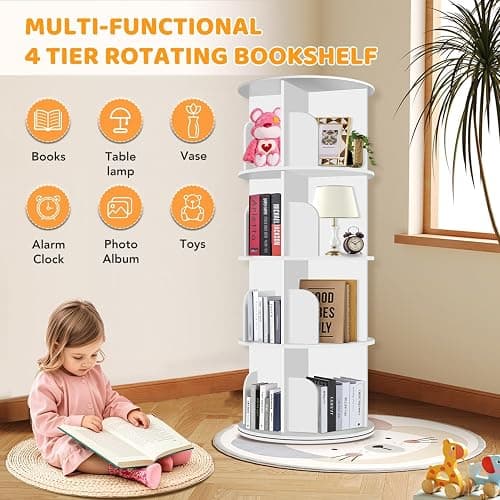 RUNSUNSPRI 4 Tier Rotating Bookshelf Tower, Spinning Bookshelf, Revolving 360° Bookcase Storage Round Carousel, Vertical Rotate Turning Spiral Corner Organizer Lazy Susan, White thumbnail 6