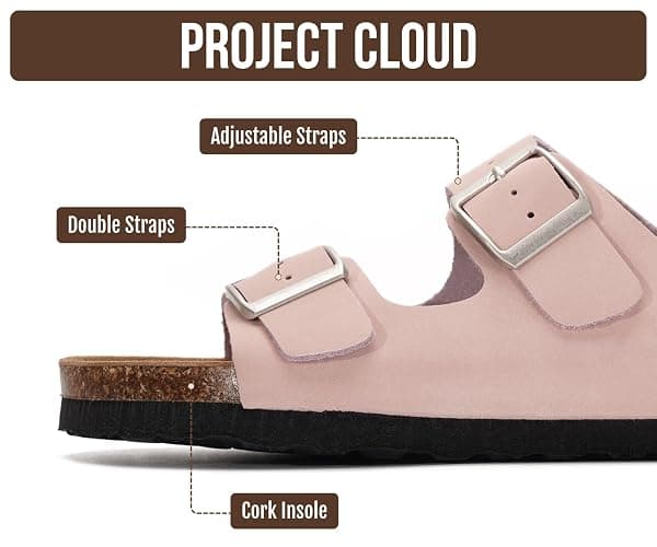 Project Cloud 100% Genuine Leather Flat Sandals For Women 2026 Cork Footbed Womens Sandals with Memory Foam and arch support Vacation Essentials Slides for Women Footwear (Venita) thumbnail 3