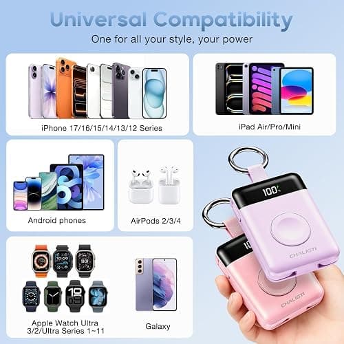 CHALIGTI 5000mAh Portable Charger w/Display,20W Power Bank&iWatch Charger | Super Fast Charging,Built-in Cables,Travel Keychain Battery Pack for Apple Watch 1~11 Series/Ultra/SE,iPhone Air/12~17,Purple thumbnail 7