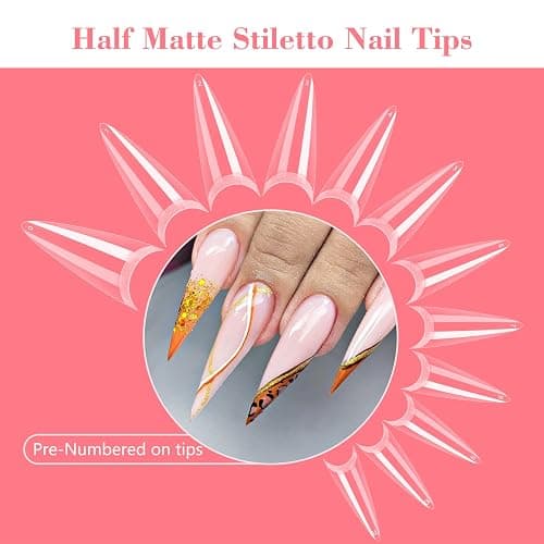Clear Stiletto Nail Tips, No C Curve Medium Nail Tips for Acrylic Nails Professional, 550PCS Soft Gel Nail Tips Half Cover Stiletto Almond Fake Nails for Nail Extension, Use for Nail Salon Home DIY thumbnail 5