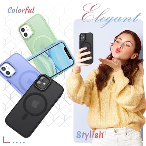 YENAPOON for iPhone 12 Case, iPhone 12 Pro Case, with 1 Screen Protector, Matte Magnetic Slim Phone Cover, Support for Magsafe, Shockproof Protection Translucent Frosted Back,Black thumbnail 6