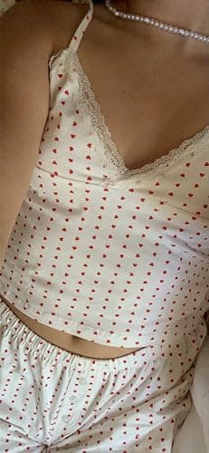 Seyurigaoka Women Y2k 2 Piece Lace Shorts Set Sleeveless V Neck Cami Top with Shorts Pajamas Sets Sleepwear - A Heart Print White - Small thumbnail 4
