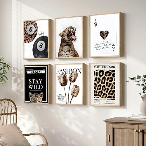 6Pcs Trendy Leopard Wall Art Cheetah Posters Lucky 8 Ball Canvas Pint | Retro Spades Poker Picture Wall Decor Fashion Leopard Flowers Print for Preppy Girls Bedroom Apartment Dorm 8x10in Unframed thumbnail 3
