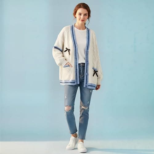 Shebote Womens Cute Sweet Cardigan Sweater Long Sleeve V-Neck Bowknot JK School Uniform Cardigans Knitted Sweaters thumbnail 3
