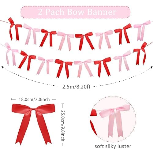 2pcs Pink & Red Bow Garland Banner, Bow Satin Ribbon Decorations for Christmas Valentine Holiday Birthday and Bridal Shower Party Decor (Red & Pink) thumbnail 3