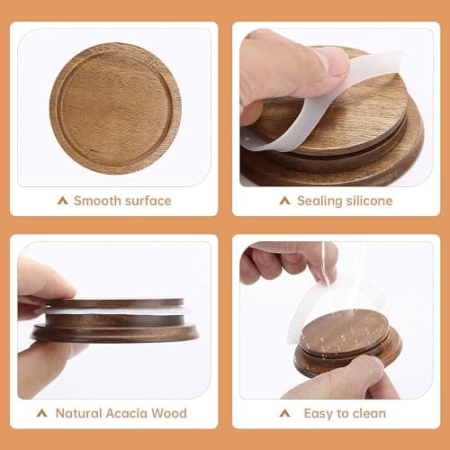 6 Pack Regular Mouth Mason Jar Lids Reusable canning lids Acacia Wooden mason jar Lids with Airtight Silicone Seal, Brown (6PCS Regular Lids) thumbnail 4