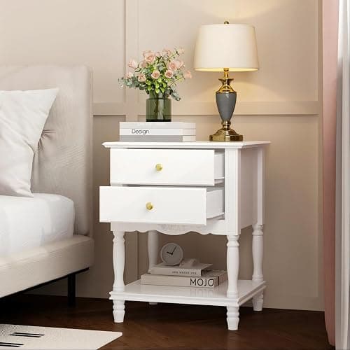 WOODTIME White Accent Nightstand with 2 Drawers, Bottom Shelf & Carve Pattern, Modern Wooden Night Stand Bedside Table, Versatile End Sofa Bed Side Table for Bedroom Living Room thumbnail 3