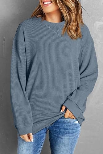 ONLYSTORY Womens Sweatshirts Casual Cored Corduroy Pullover Tops Oversized Long Sleeve Crewneck Shirts thumbnail 4