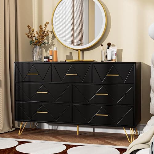 JOZZBY Dresser for Bedroom, 7 Drawer Black Wooden Dresser with Gold Handles, Modern Storage Dressers & Chests of Drawers for Hallway, Entryway - Image 1