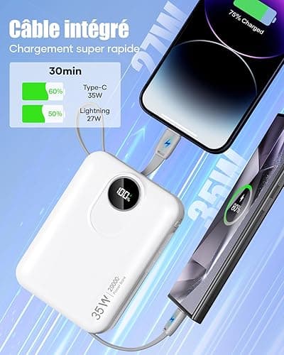 Batterie Externe 20000mAh avec Câble intégré : 35W Power Bank à Charge Rapide pour téléphone Portable, Batterie USB C (Input & Output), Chargeur Portable avec 4 Sorties et 2 entrées- Blanc - blanc thumbnail 3